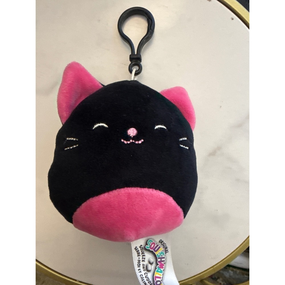 Squishmallows Catarina Black Cat 3.5 Inch Plush Backpack Clip On Keychain Pink